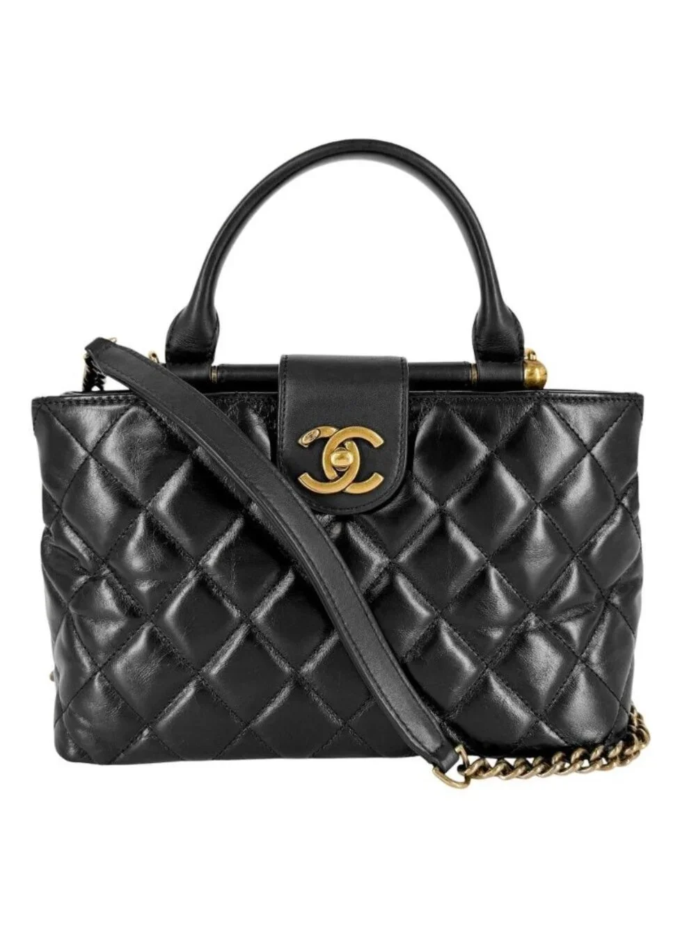 Chanel 2-Way Quilted Turnlock Shoulder Bag Crossbody CC Logo Leather Black